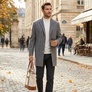 Tallia Orange Mens Slim-Fit Gray Chalk Stripe Overcoat, size Medium